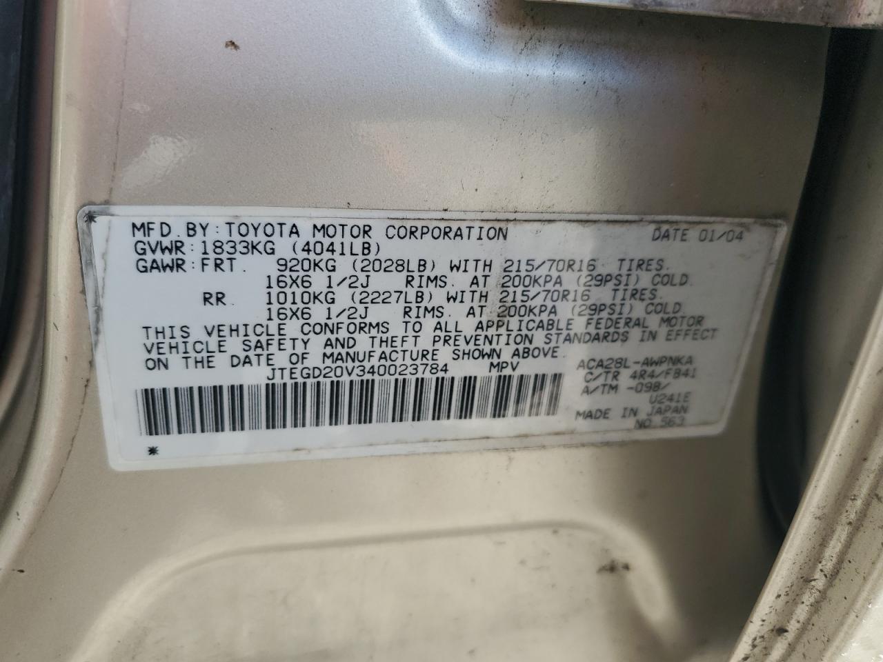 2004 Toyota Rav4 VIN: JTEGD20V340023784 Lot: 68515745