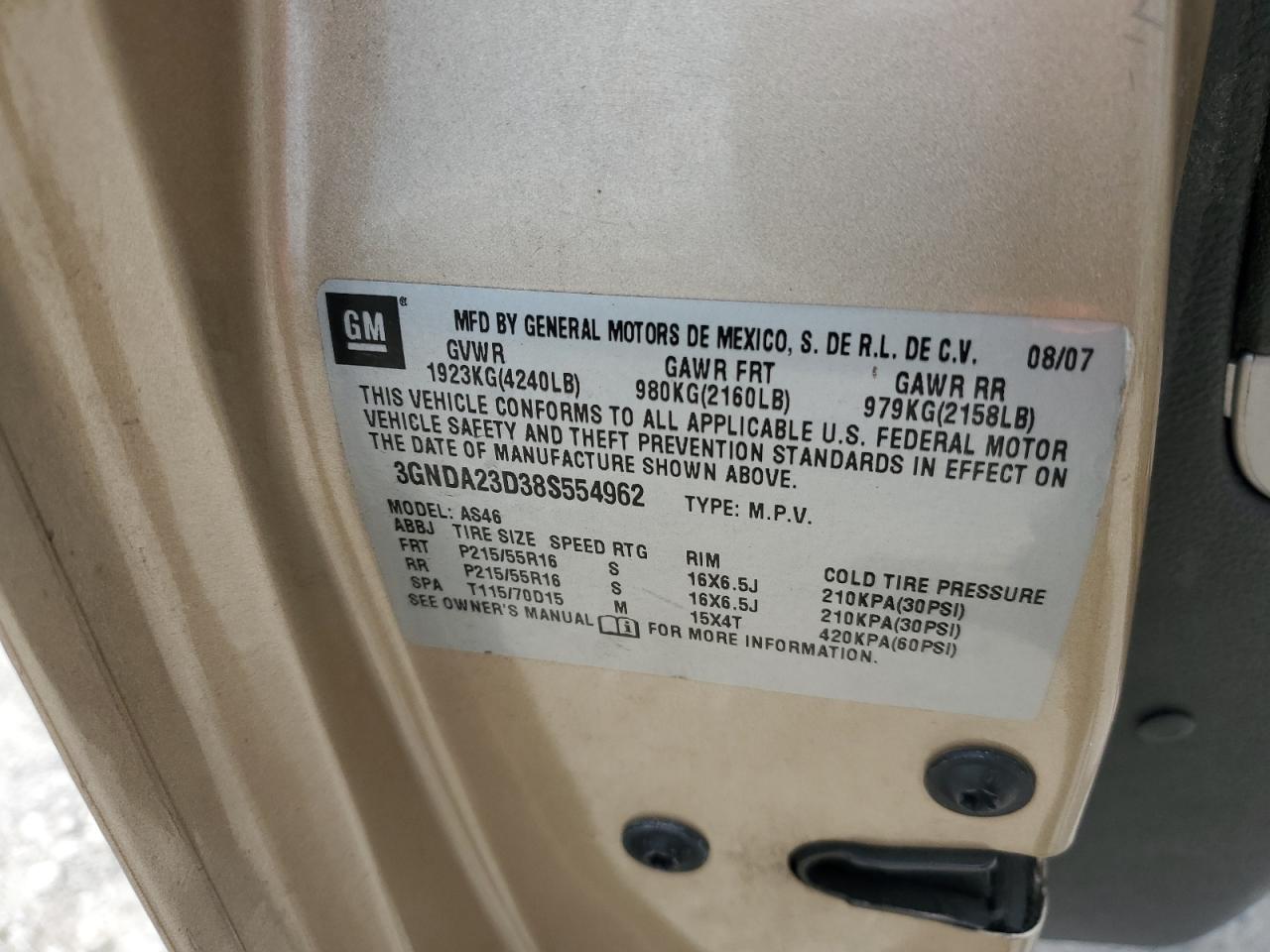 2008 Chevrolet Hhr Lt VIN: 3GNDA23D38S554962 Lot: 67958795