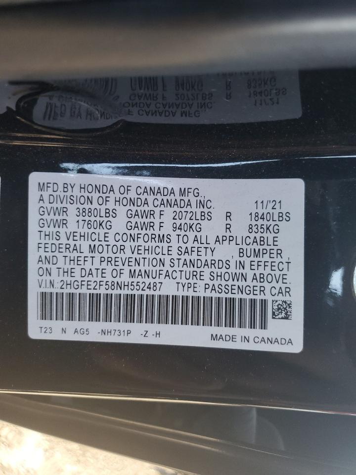 2022 Honda Civic Sport VIN: 2HGFE2F58NH552487 Lot: 70416745