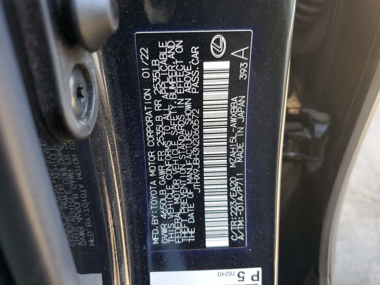 2022 Lexus Ux 250H Base VIN: JTHX9JBH3N2060572 Lot: 69929445