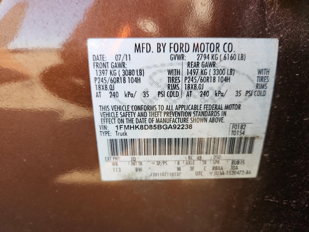 2011 Ford Explorer Xlt VIN: 1FMHK8D85BGA92238 Lot: 70132415