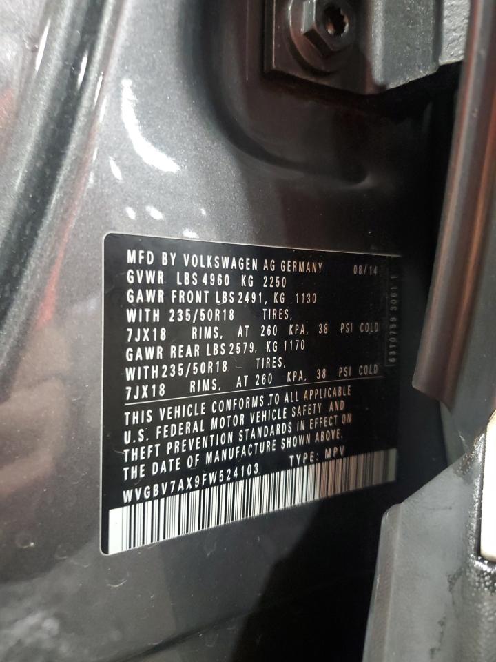 2015 Volkswagen Tiguan S VIN: WVGBV7AX9FW524103 Lot: 67236225