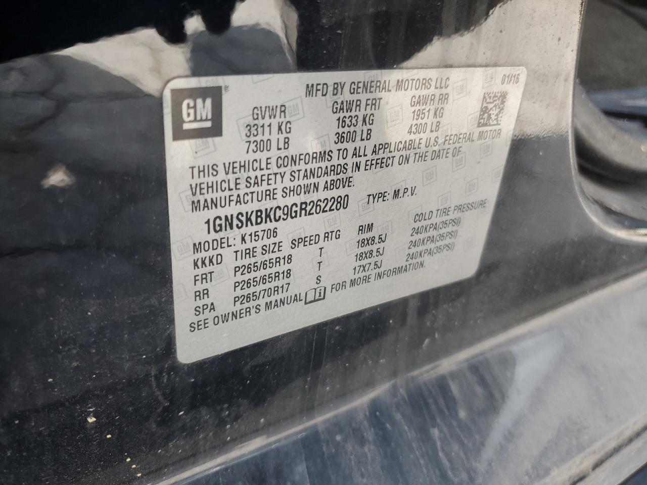 2016 Chevrolet Tahoe K1500 Lt VIN: 1GNSKBKC9GR262280 Lot: 70085385