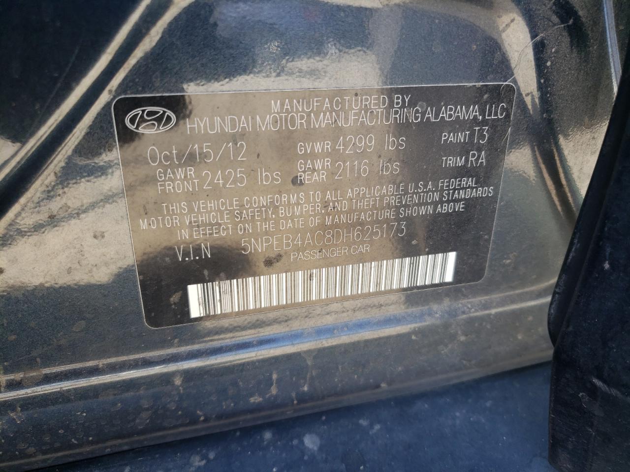 2013 Hyundai Sonata Gls VIN: 5NPEB4AC8DH625173 Lot: 69095805