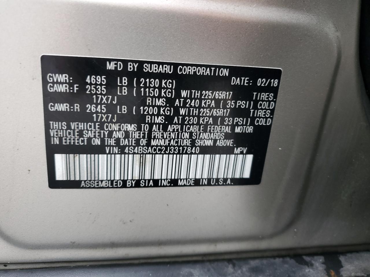 2018 Subaru Outback 2.5I Premium VIN: 4S4BSACC2J3317840 Lot: 70288385