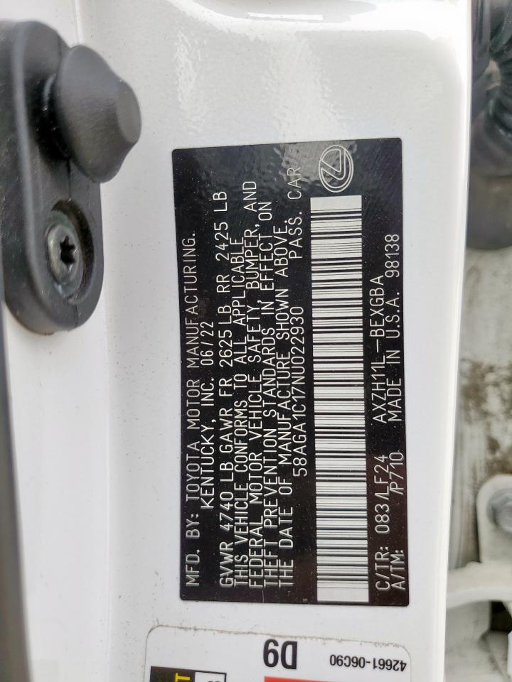 2022 Lexus Es 300H Base VIN: 58AGA1C17NU022930 Lot: 69836585