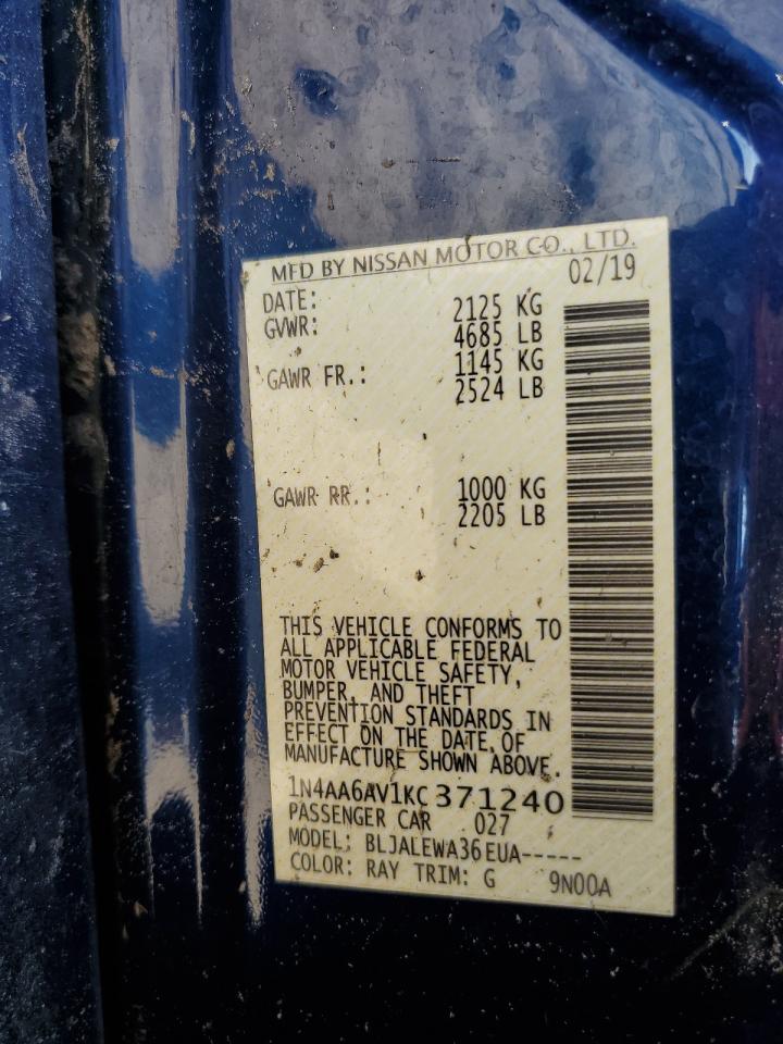 2019 Nissan Maxima S VIN: 1N4AA6AV1KC371240 Lot: 70500985