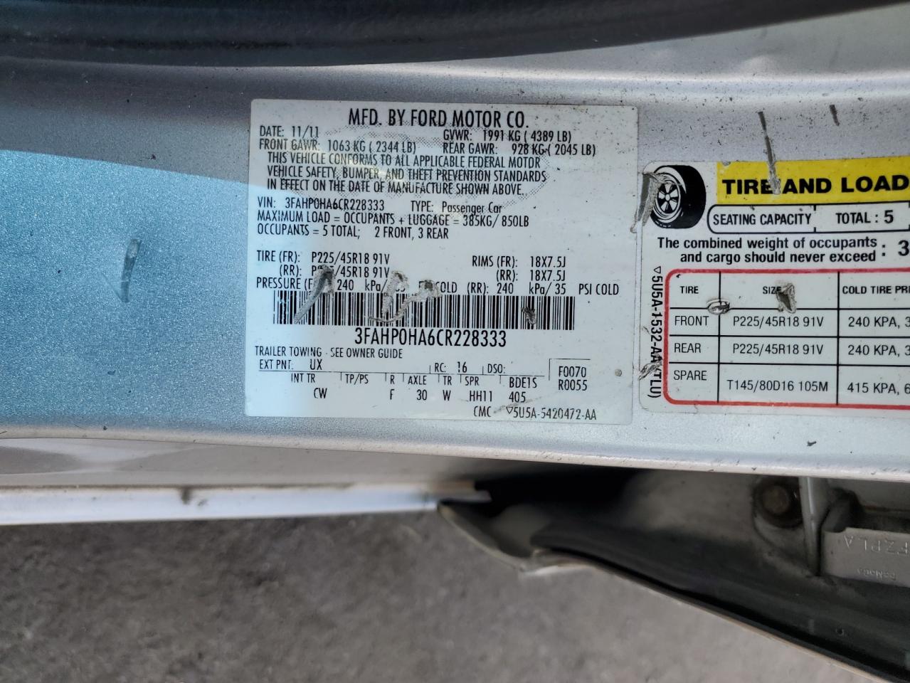 2012 Ford Fusion Se VIN: 3FAHP0HA6CR228333 Lot: 68914125