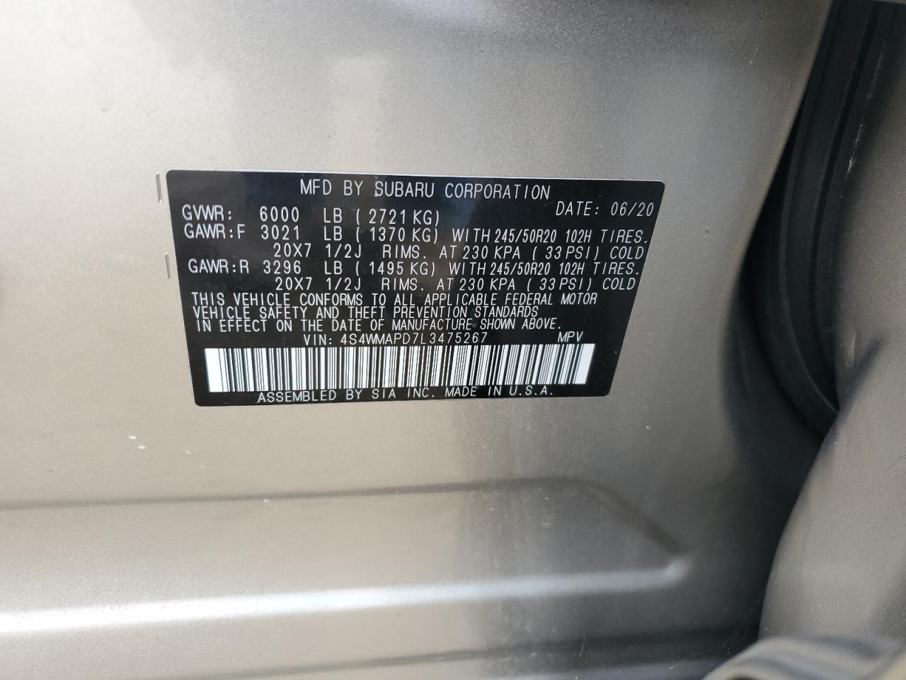 2020 Subaru Ascent Limited VIN: 4S4WMAPD7L3475267 Lot: 70557955