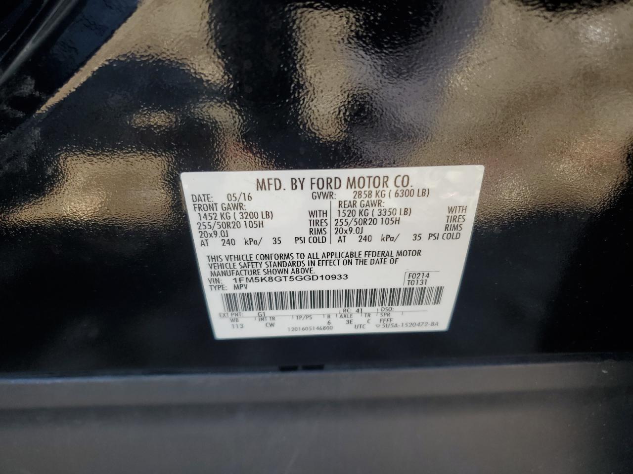 2016 Ford Explorer Sport VIN: 1FM5K8GT5GGD10933 Lot: 69959515