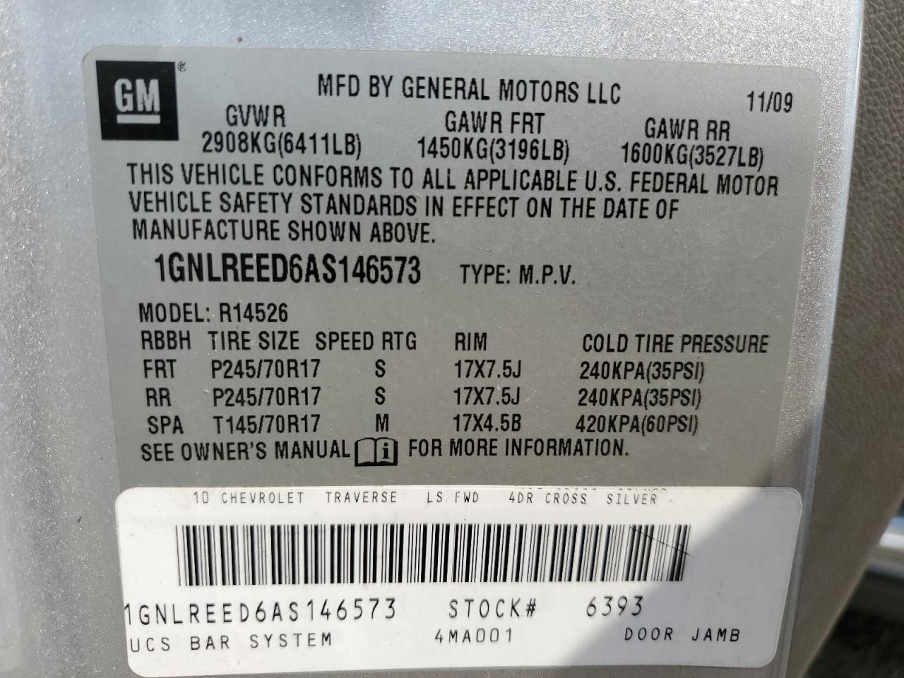 2010 Chevrolet Traverse Ls VIN: 1GNLREED6AS146573 Lot: 68118065