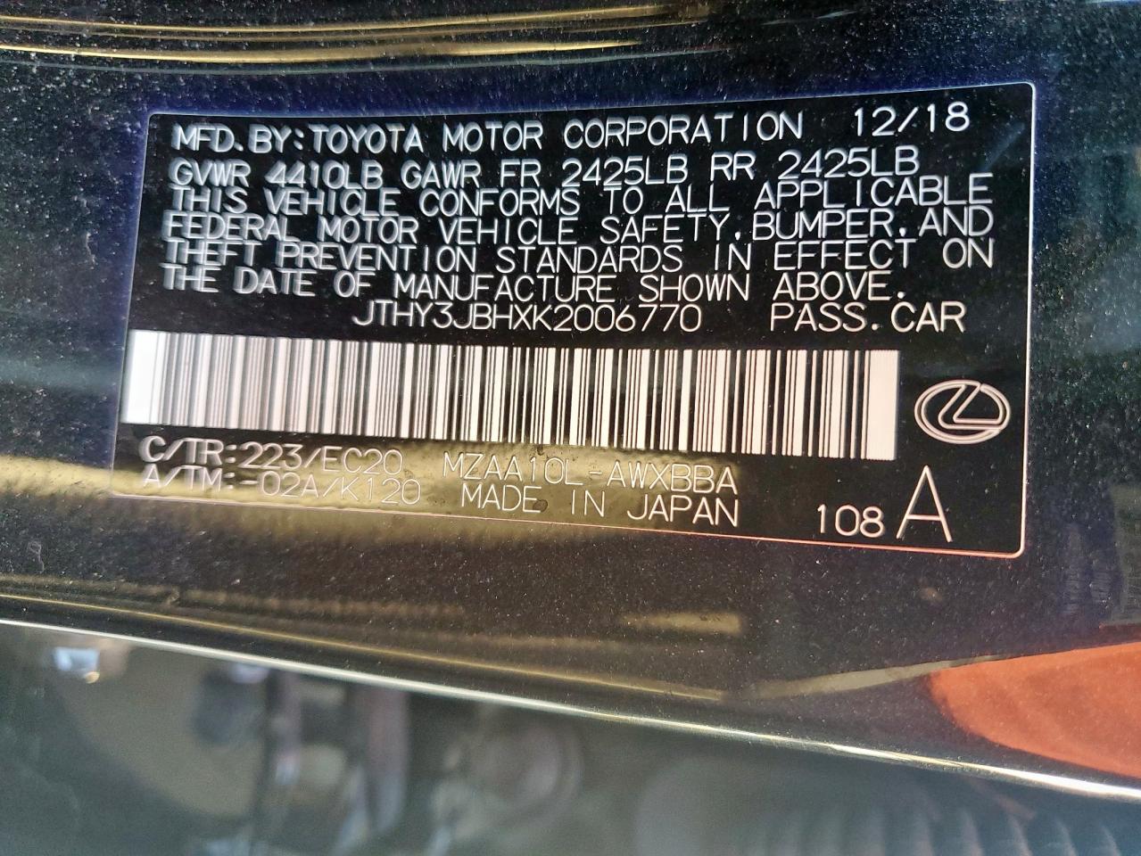 2019 Lexus Ux 200 VIN: JTHY3JBHXK2006770 Lot: 68099085