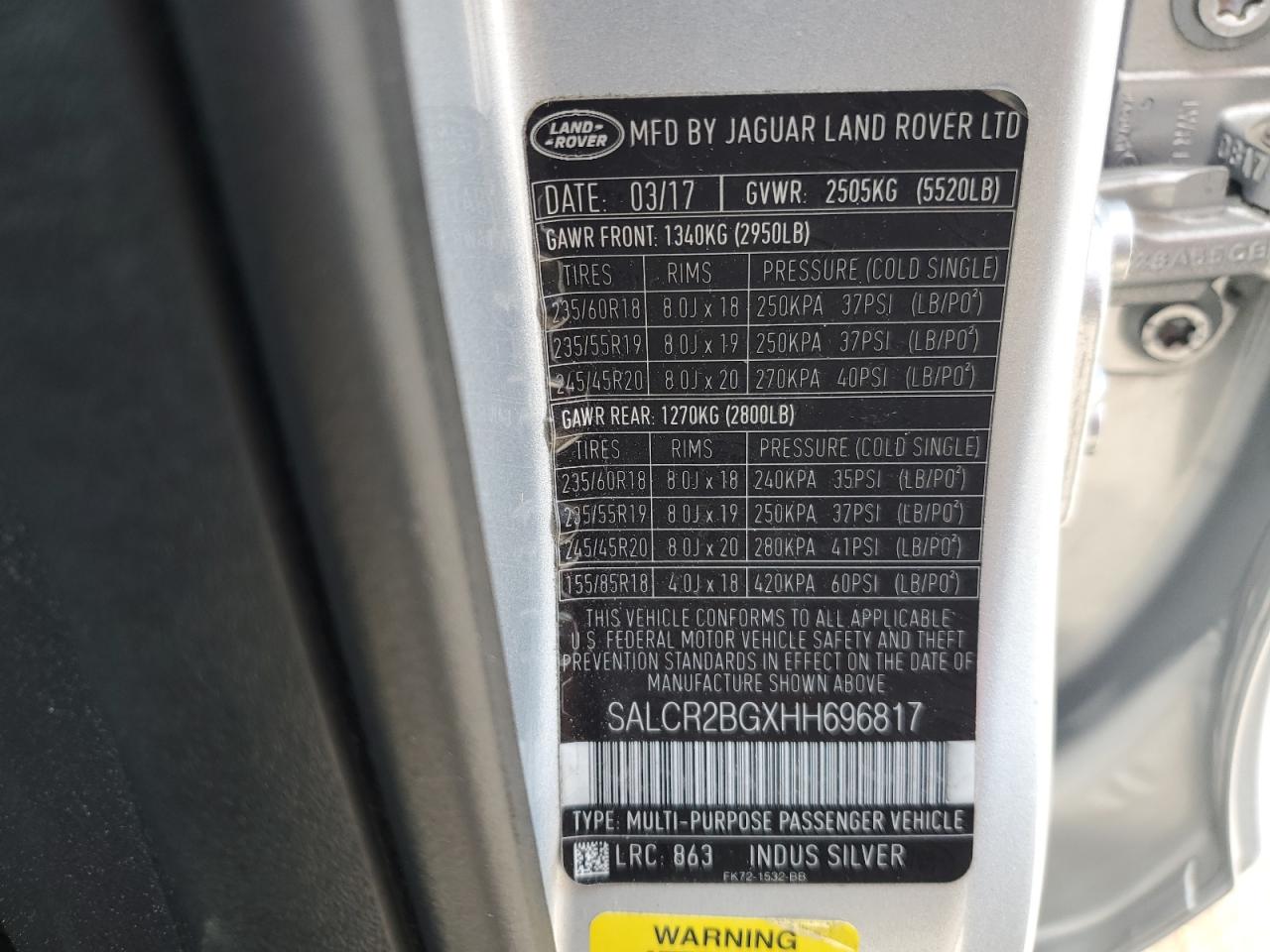 2017 Land Rover Discovery Sport Hse VIN: SALCR2BGXHH696817 Lot: 70006695