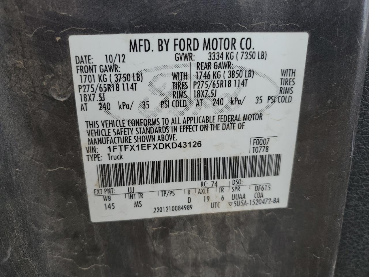 2013 Ford F150 Super Cab VIN: 1FTFX1EFXDKD43126 Lot: 68154815