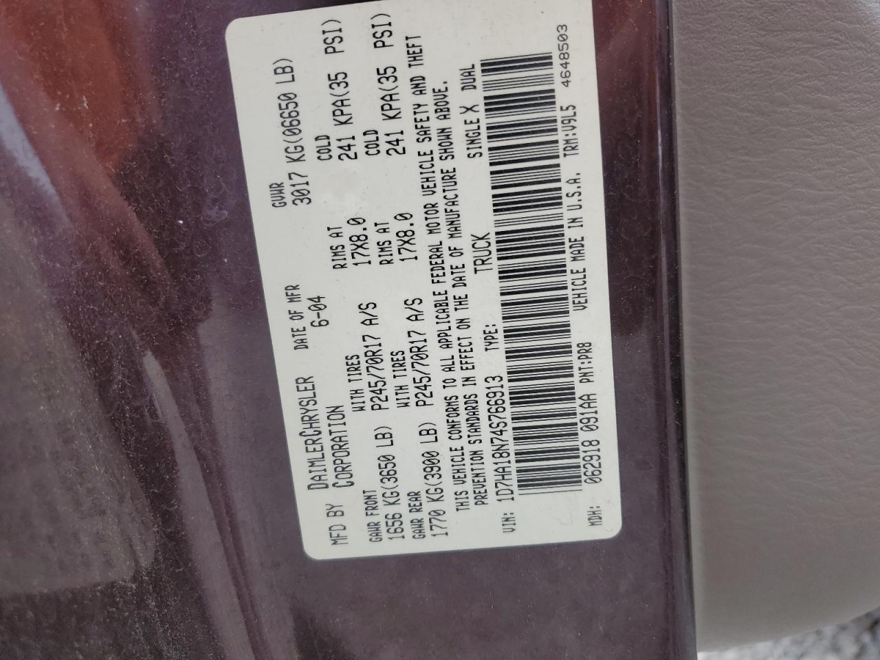 2004 Dodge Ram 1500 St VIN: 1D7HA18N74S766913 Lot: 70095635
