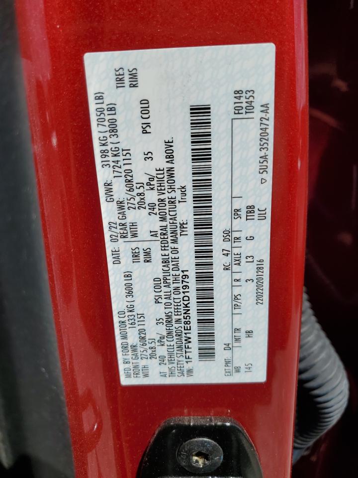 2022 Ford F150 Supercrew VIN: 1FTFW1E85NKD19791 Lot: 70584685