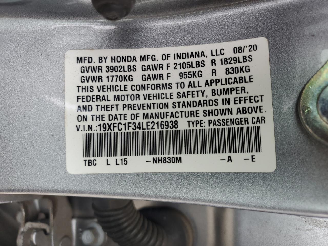 2020 Honda Civic Ex VIN: 19XFC1F34LE216938 Lot: 70027445
