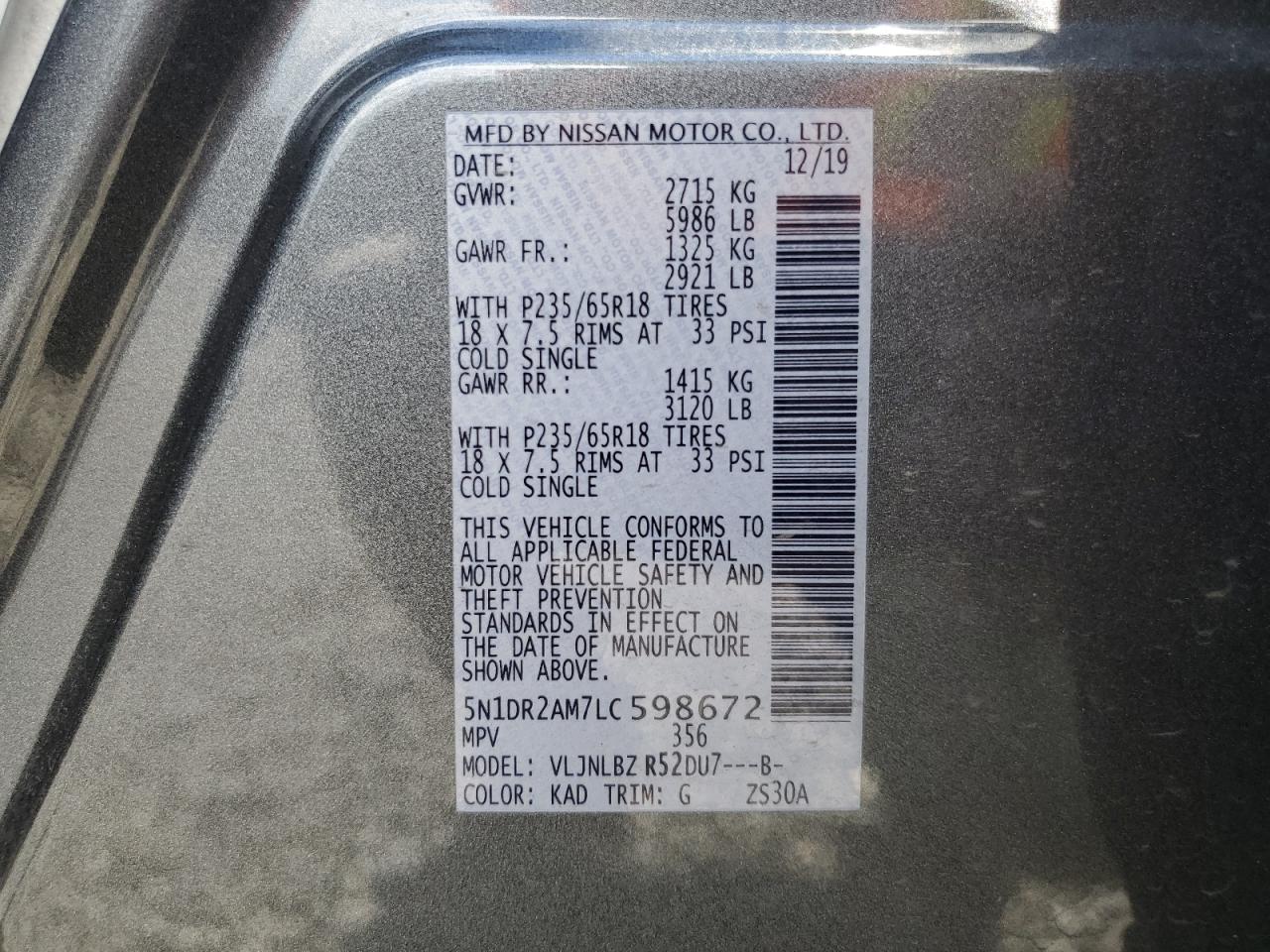 2020 Nissan Pathfinder S VIN: 5N1DR2AM7LC598672 Lot: 70783655