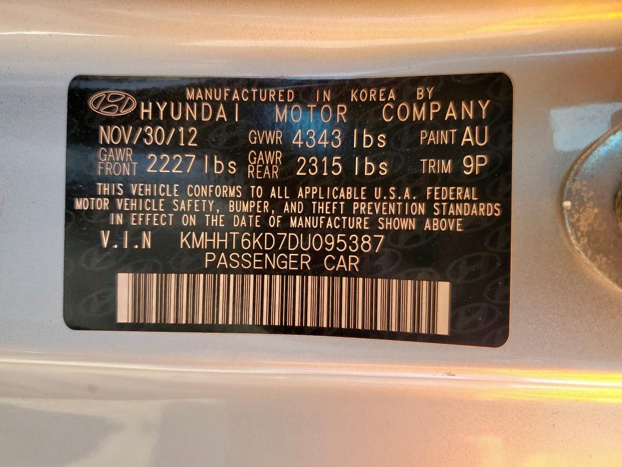 2013 Hyundai Genesis Coupe 2.0T VIN: KMHHT6KD7DU095387 Lot: 69865415