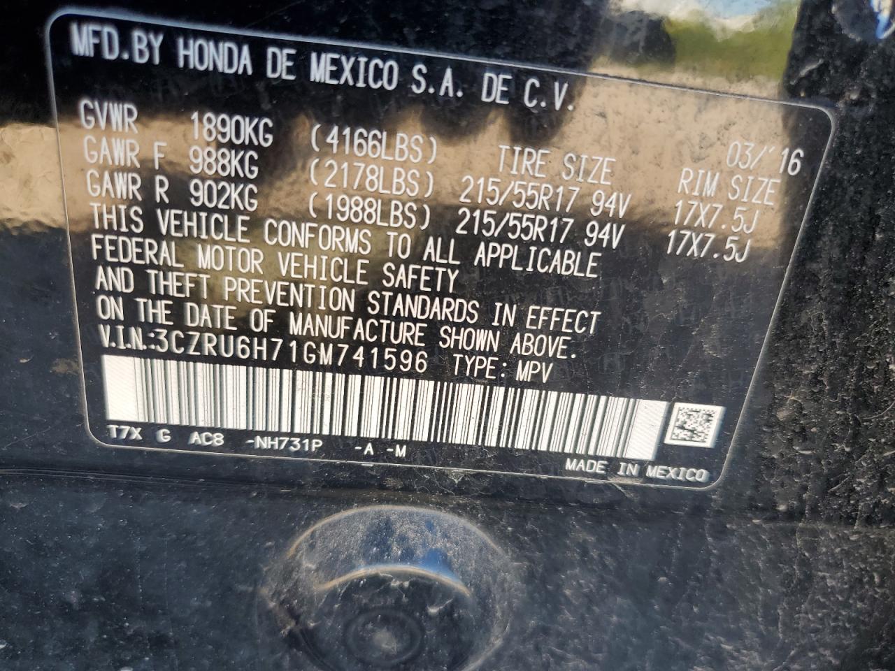 2016 Honda Hr-V Exl VIN: 3CZRU6H71GM741596 Lot: 69786705