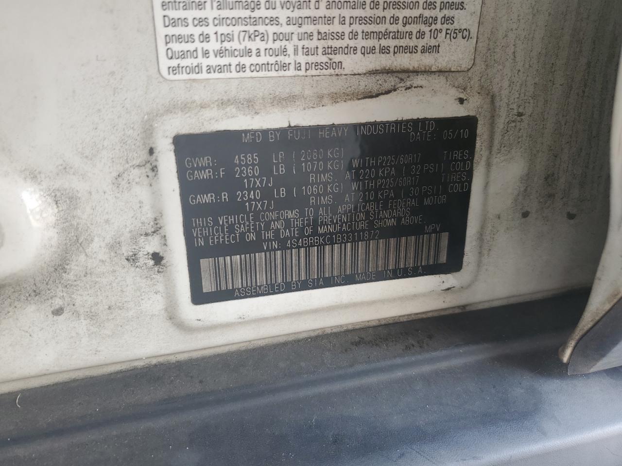 2011 Subaru Outback 2.5I Limited VIN: 4S4BRBKC1B3311872 Lot: 69401835