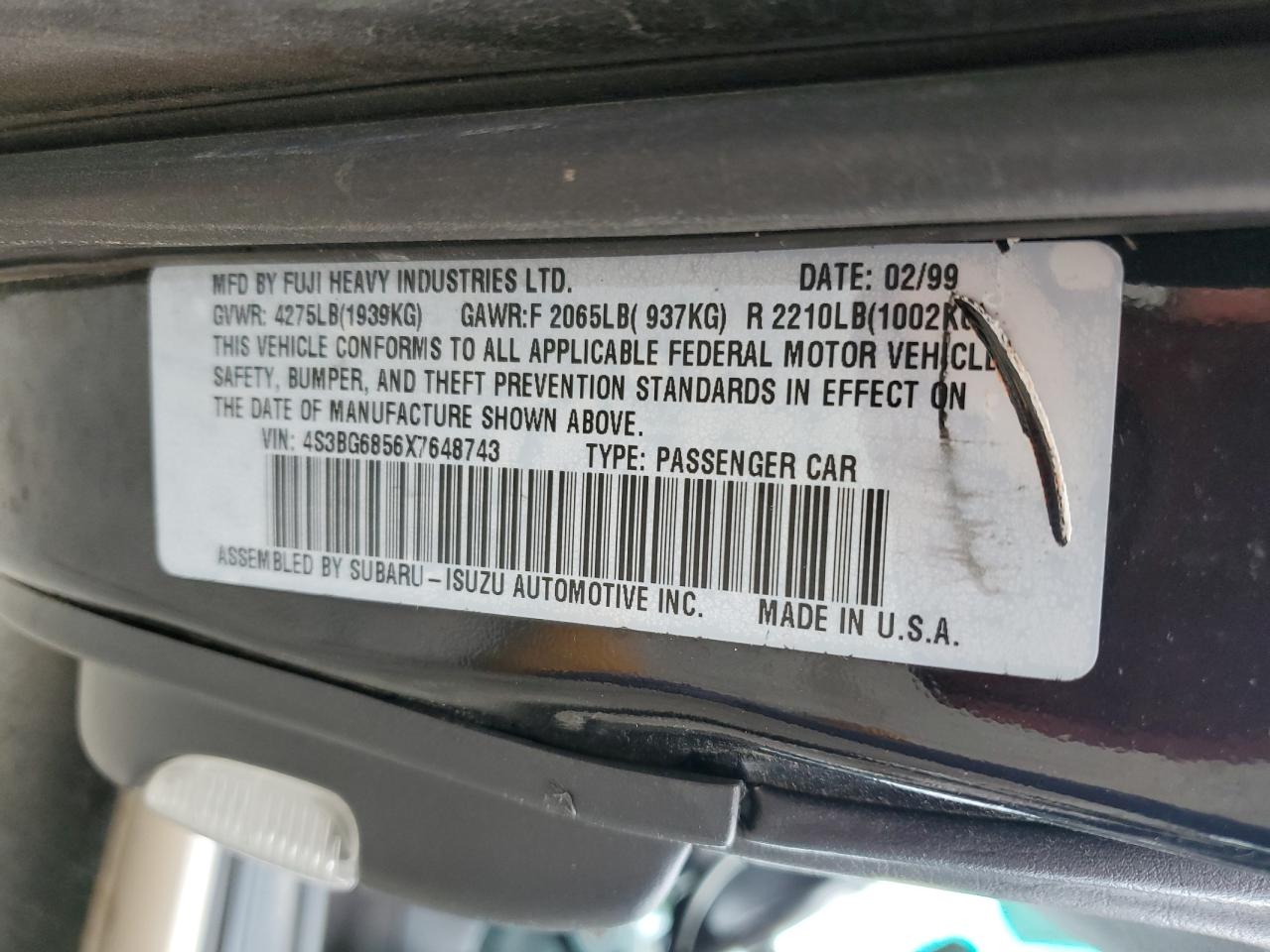 1999 Subaru Legacy Outback VIN: 4S3BG6856X7648743 Lot: 70783835