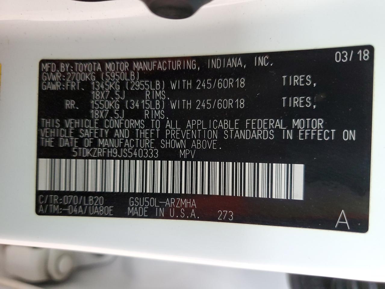 2018 Toyota Highlander Se VIN: 5TDKZRFH9JS540333 Lot: 69478705