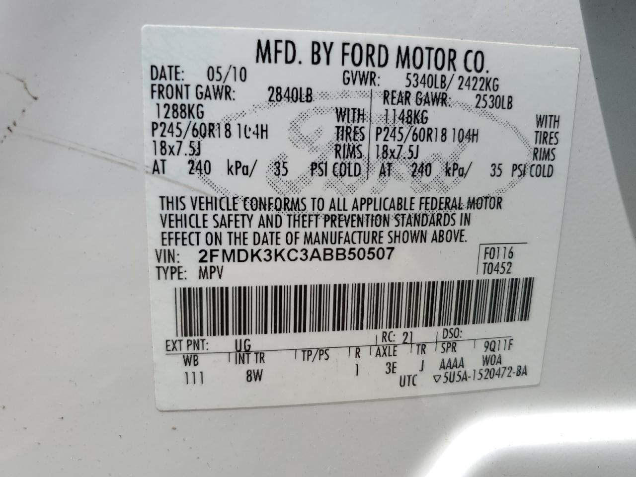 2010 Ford Edge Limited VIN: 2FMDK3KC3ABB50507 Lot: 68003815