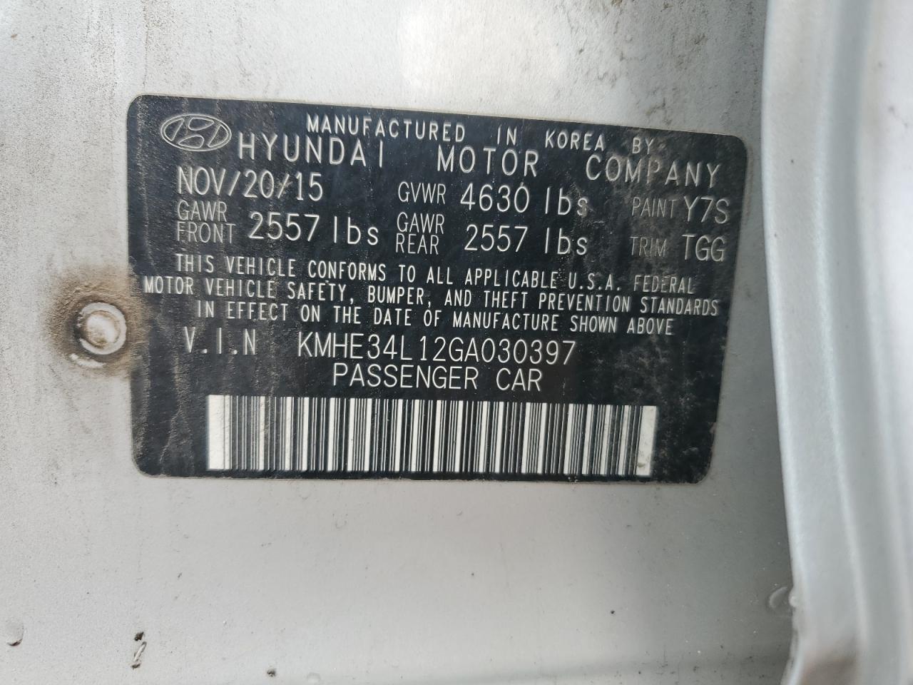 2016 Hyundai Sonata Hybrid VIN: KMHE34L12GA030397 Lot: 70166515