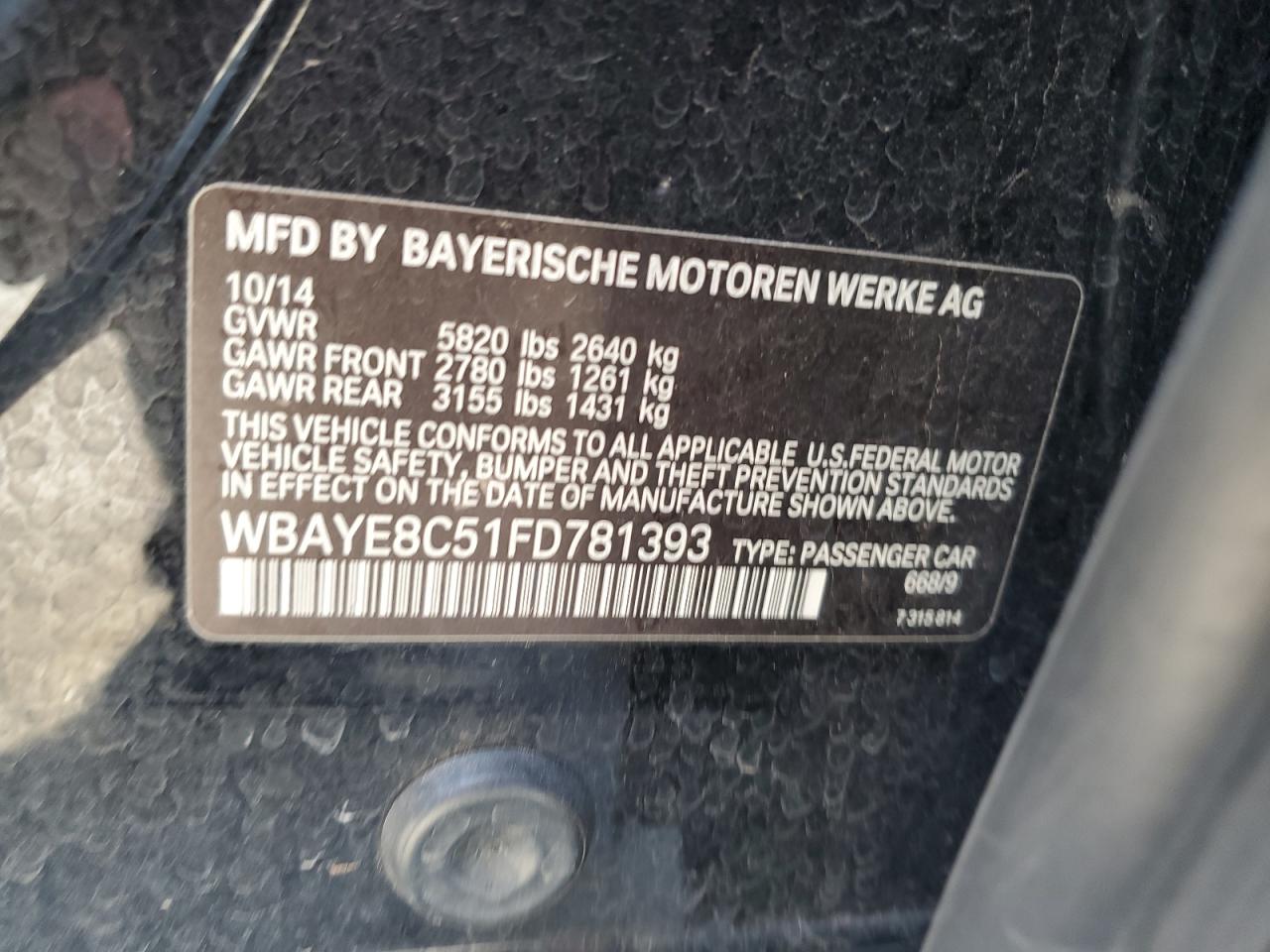 2015 BMW 750 Li VIN: WBAYE8C51FD781393 Lot: 69856865