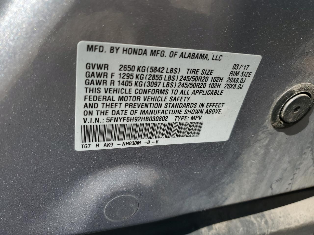 2017 Honda Pilot Touring VIN: 5FNYF6H92HB030802 Lot: 67620635