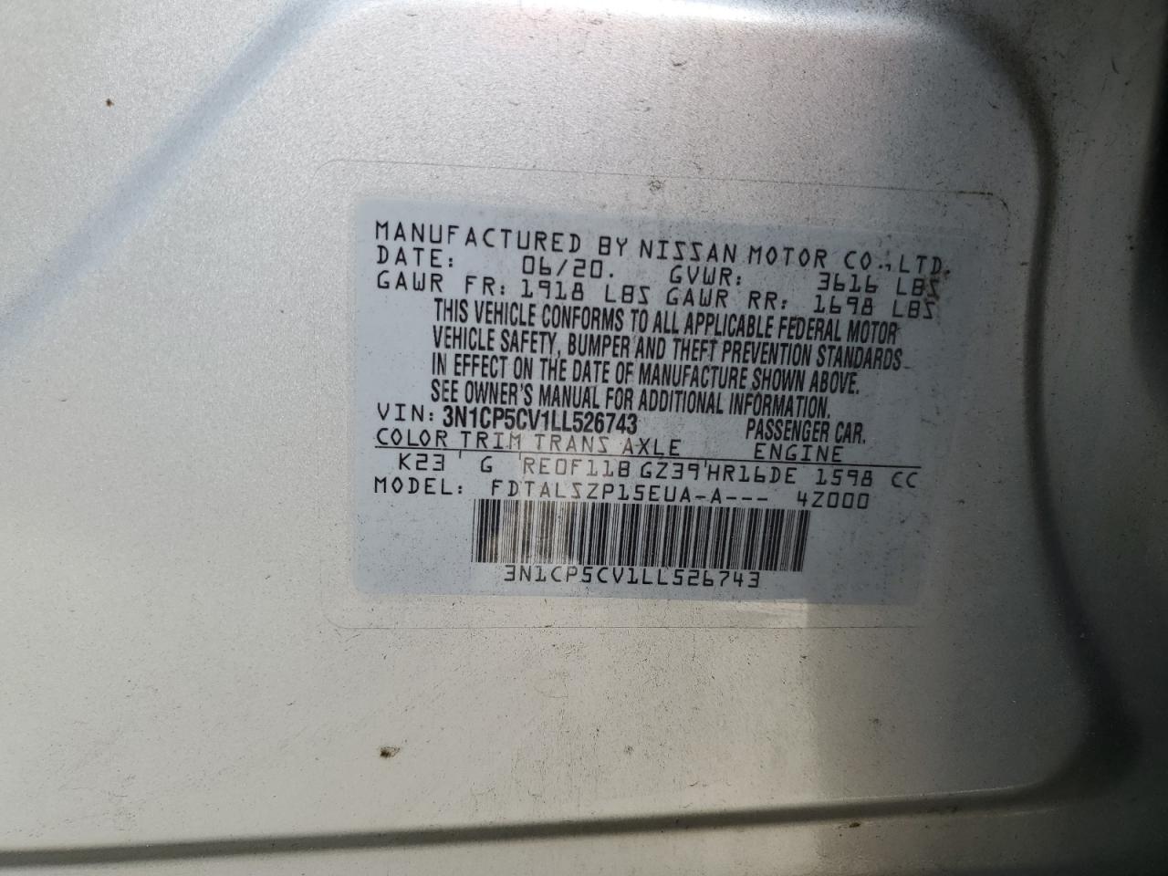 3N1CP5CV1LL526743 2020 Nissan Kicks Sv