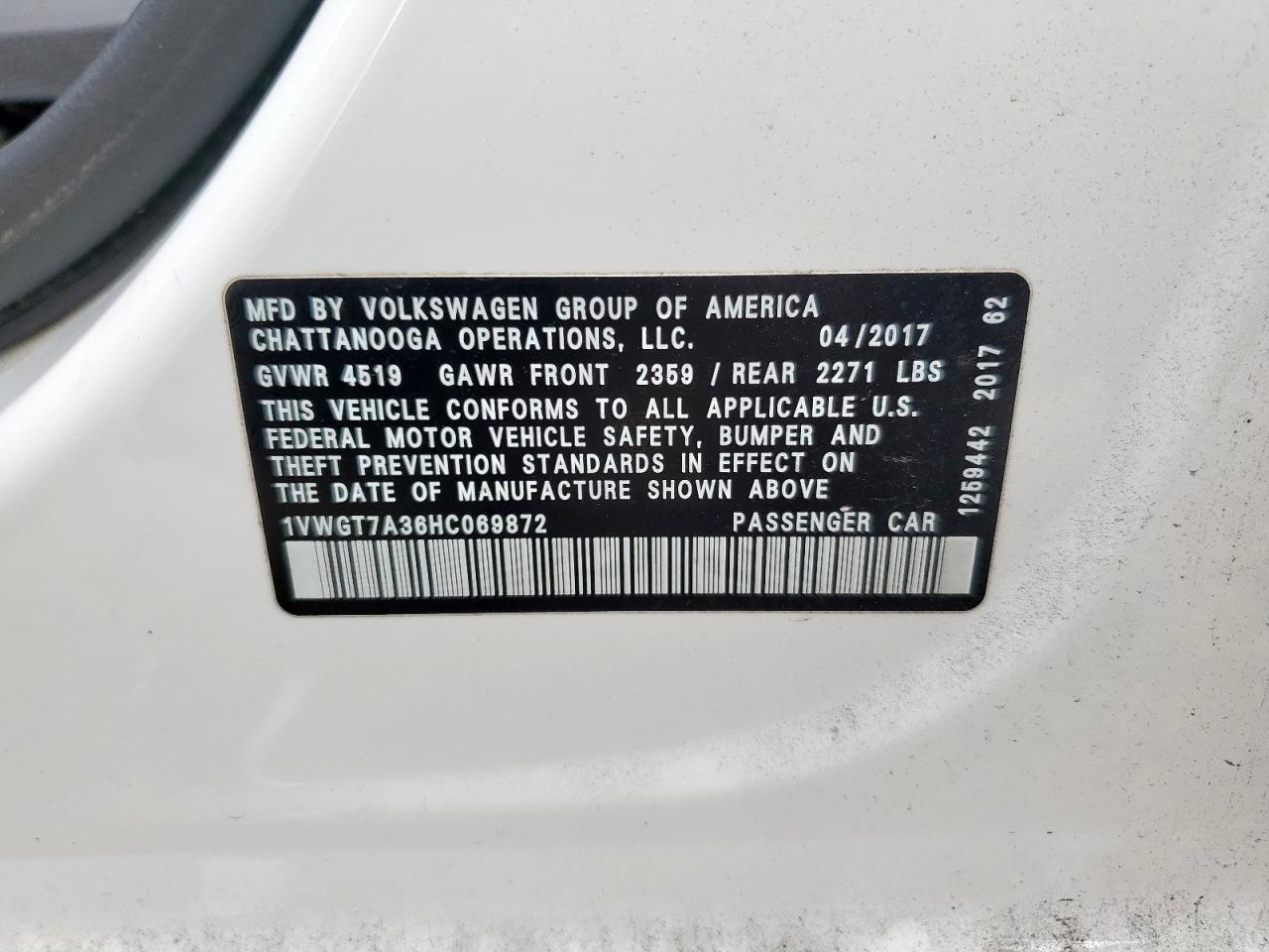 2017 Volkswagen Passat Se VIN: 1VWGT7A36HC069872 Lot: 69388525