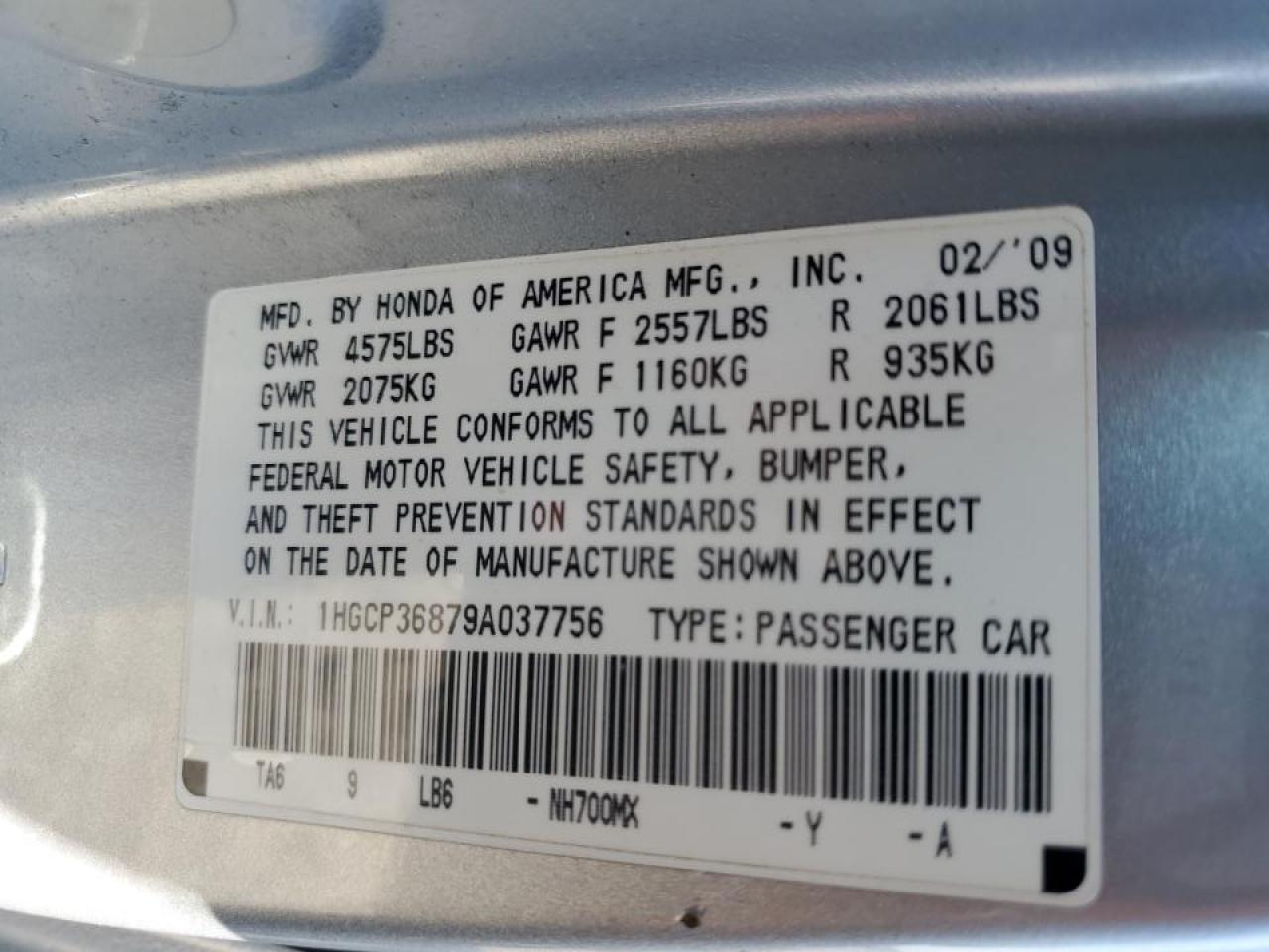 2009 Honda Accord Exl VIN: 1HGCP36879A037756 Lot: 66572815