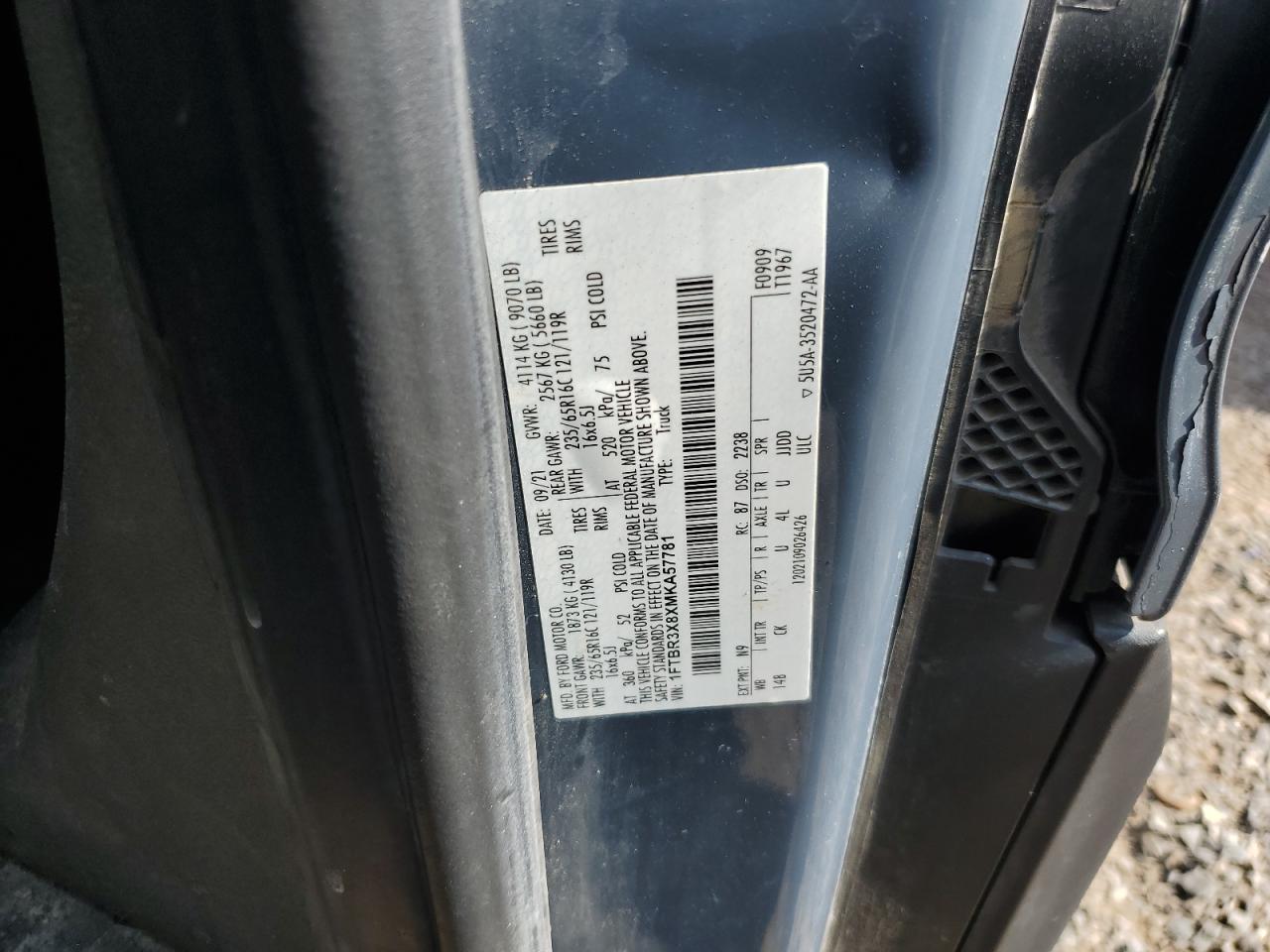 2021 Ford Transit T-250 VIN: 1FTBR3X8XMKA57781 Lot: 66718595