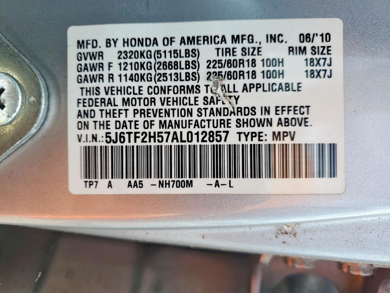2010 Honda Accord Crosstour Exl VIN: 5J6TF2H57AL012857 Lot: 67021165