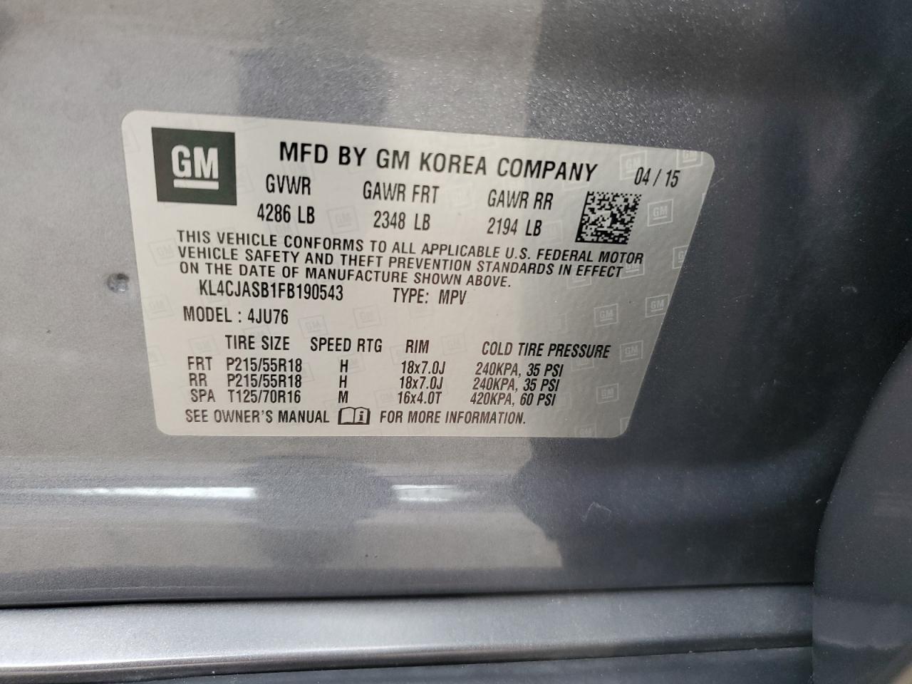 2015 Buick Encore VIN: KL4CJASB1FB190543 Lot: 69200125