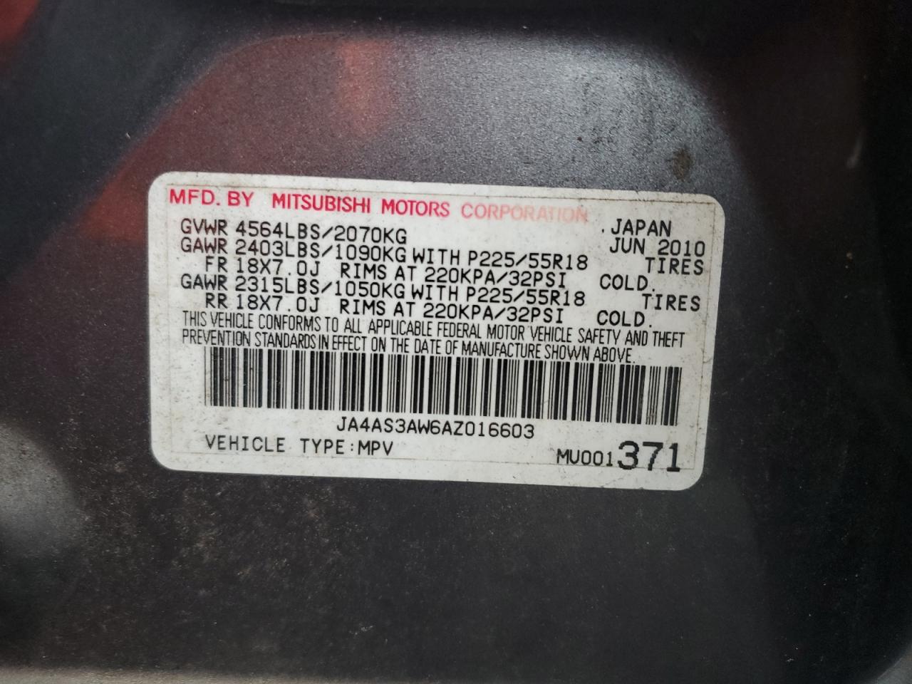 2010 Mitsubishi Outlander Se VIN: JA4AS3AW6AZ016603 Lot: 69380045