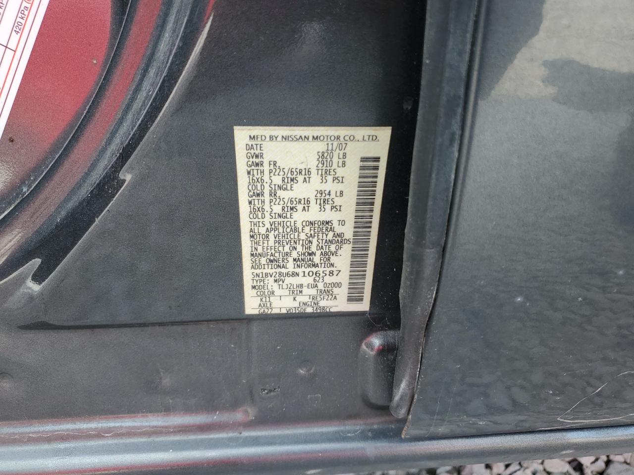 2008 Nissan Quest S VIN: 5N1BV28U68N106587 Lot: 68631245