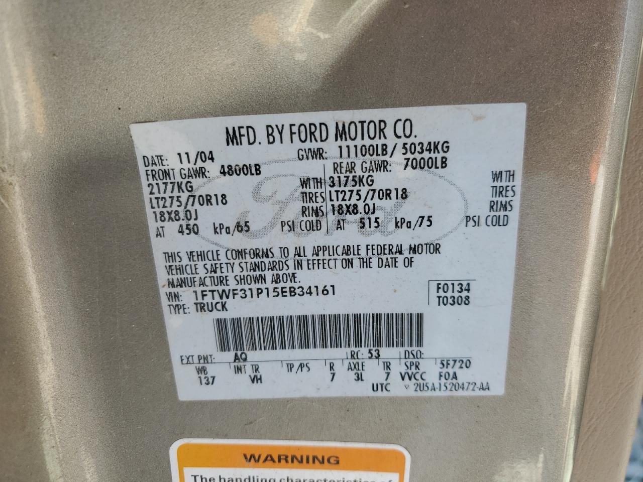 2005 Ford F350 Srw Super Duty VIN: 1FTWF31P15EB34161 Lot: 70108935