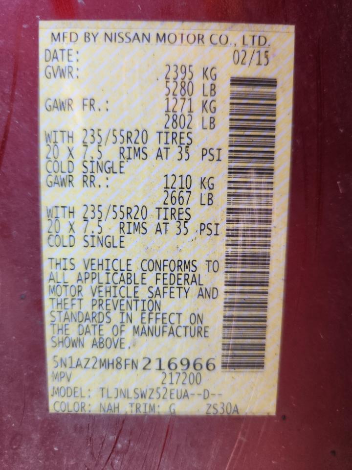 2015 Nissan Murano S VIN: 5N1AZ2MH8FN216966 Lot: 69519855