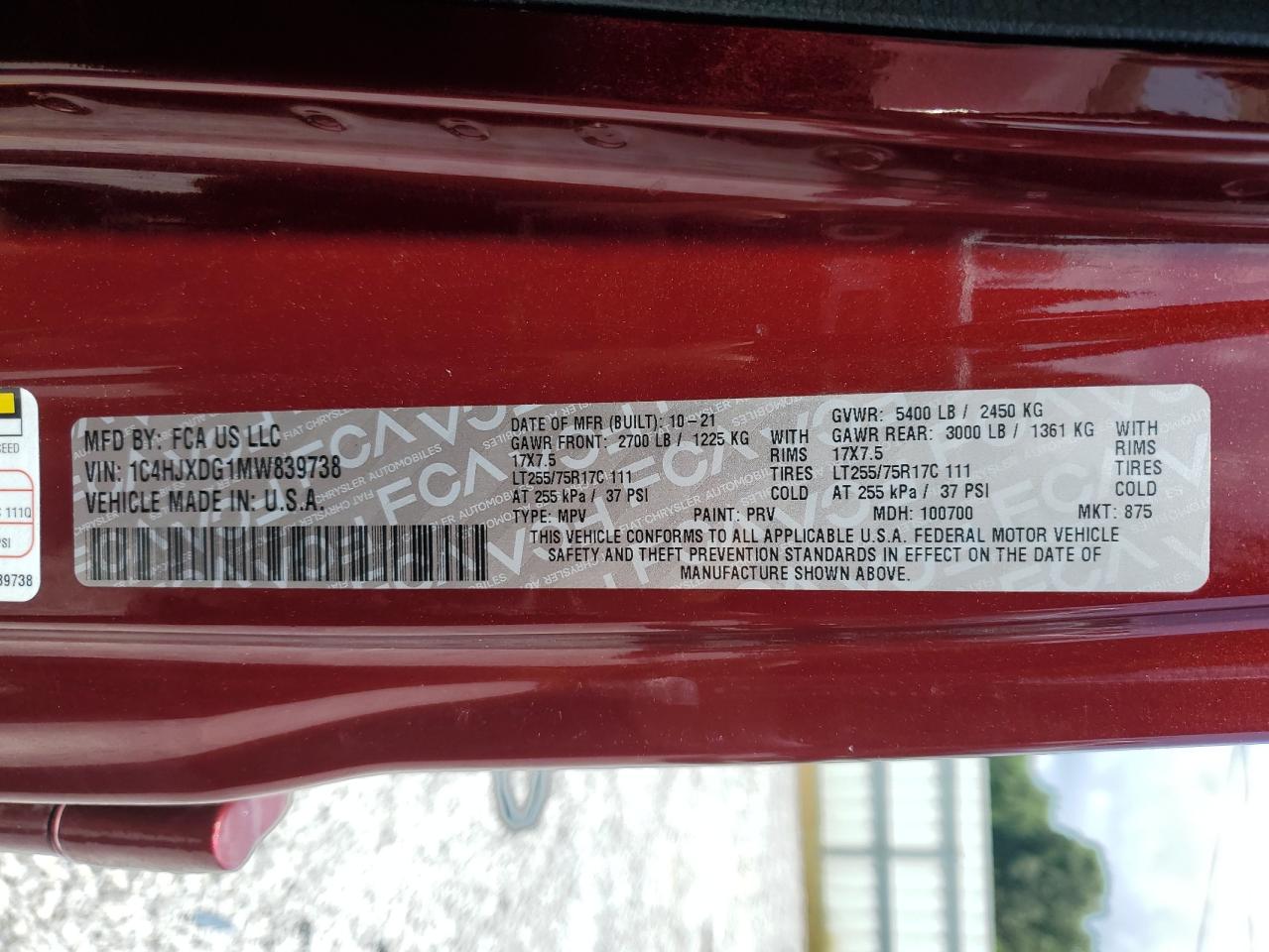 2021 Jeep Wrangler Unlimited Sport VIN: 1C4HJXDG1MW839738 Lot: 68861965