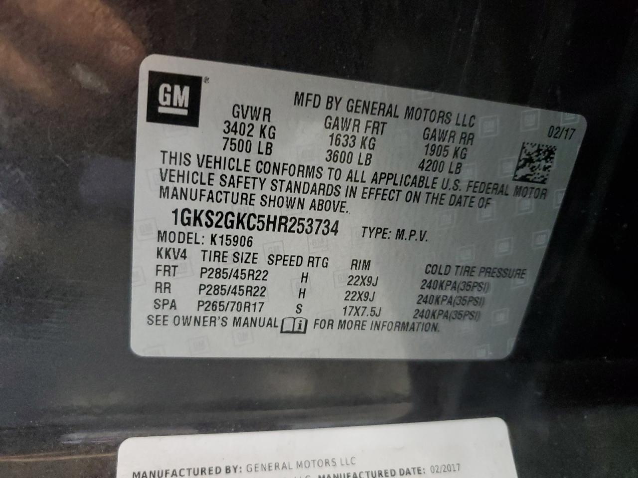 2017 GMC Yukon Xl K1500 Slt VIN: 1GKS2GKC5HR253734 Lot: 66716855