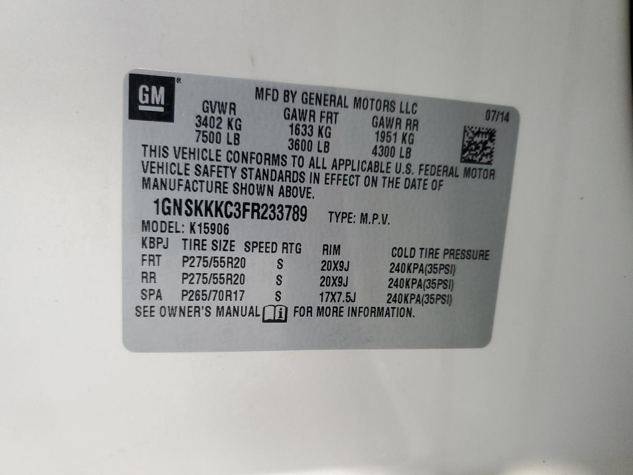 2015 Chevrolet Suburban K1500 Ltz VIN: 1GNSKKKC3FR233789 Lot: 67477965