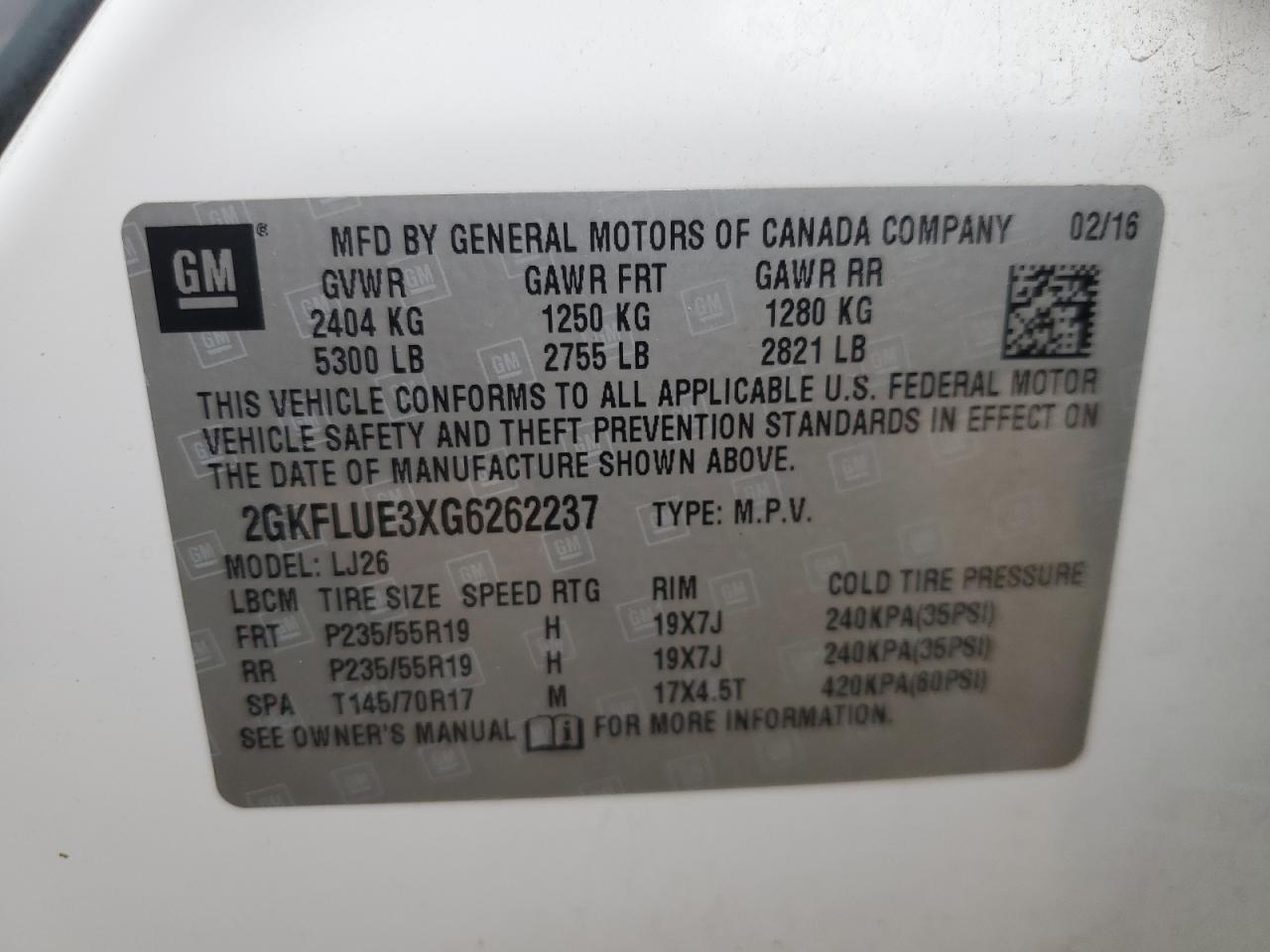 2016 GMC Terrain Slt VIN: 2GKFLUE3XG6262237 Lot: 69801895