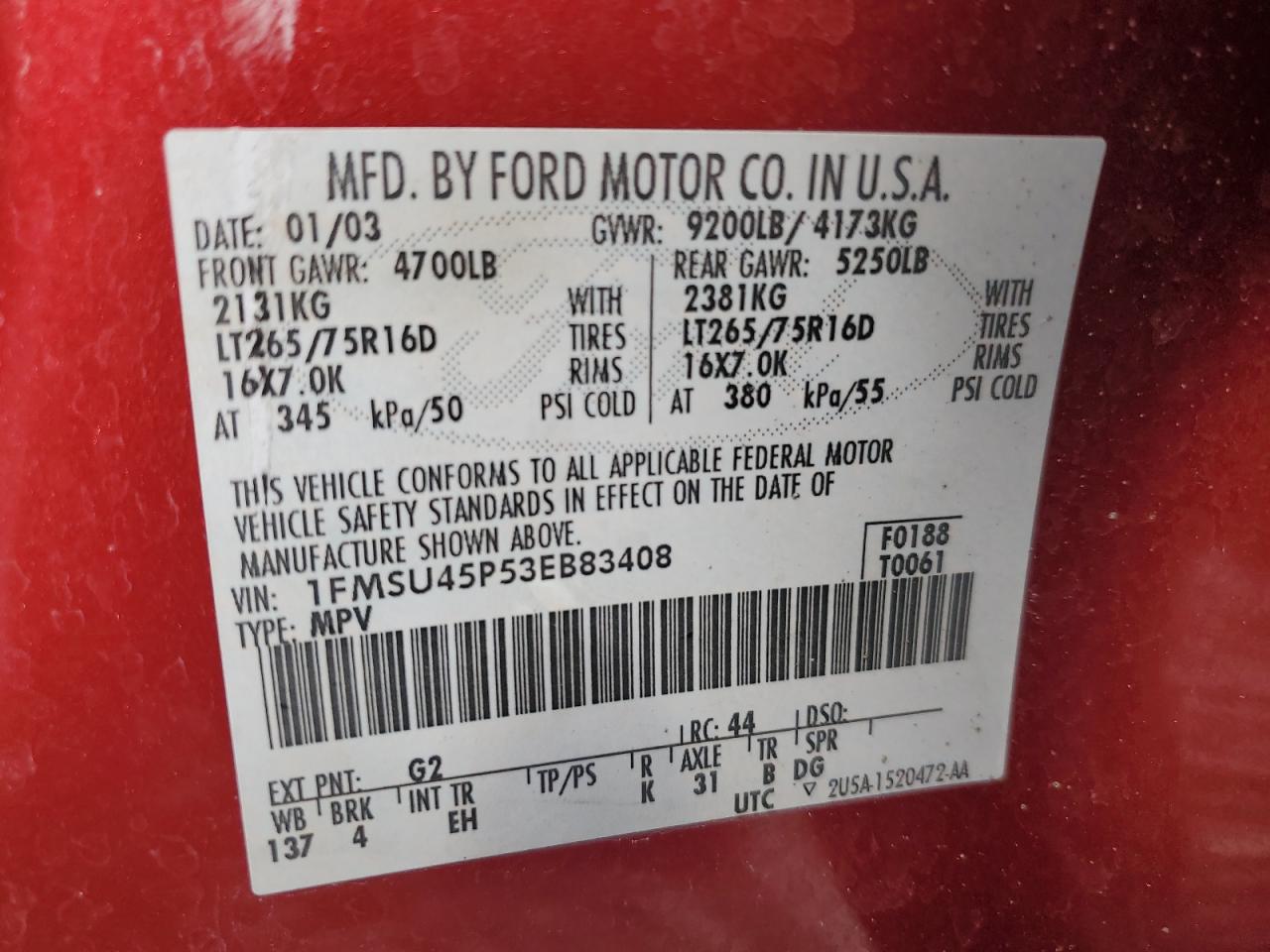 2003 Ford Excursion Eddie Bauer VIN: 1FMSU45P53EB83408 Lot: 70634435