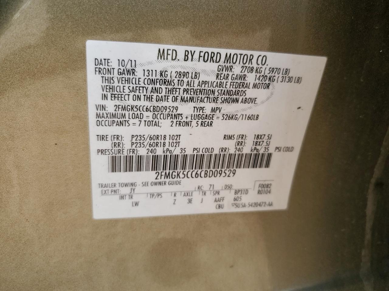 2012 Ford Flex Sel VIN: 2FMGK5CC6CBD09529 Lot: 69218795
