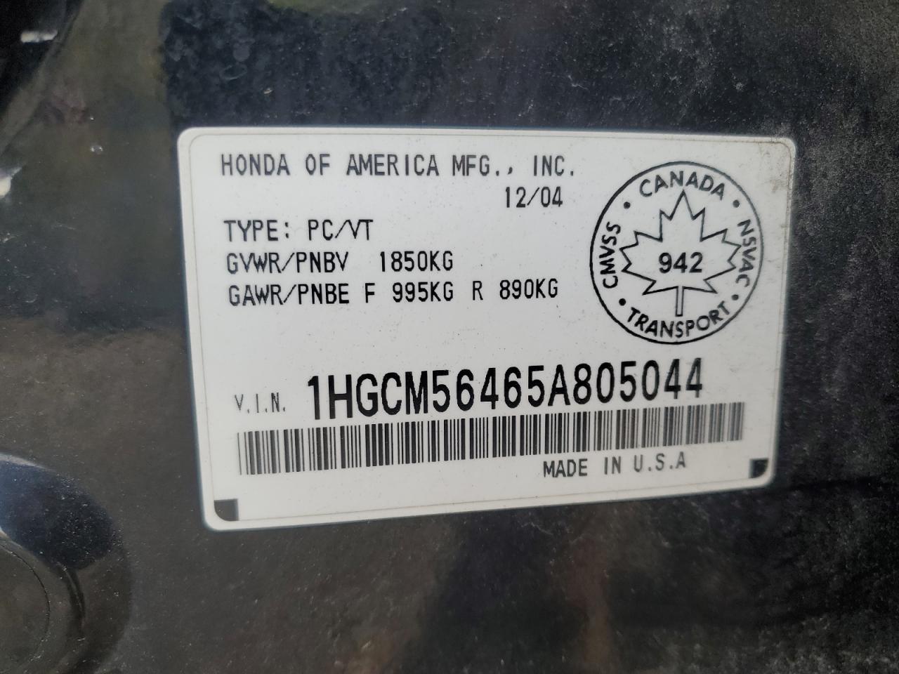 2005 Honda Accord Lx VIN: 1HGCM56465A805044 Lot: 67632665