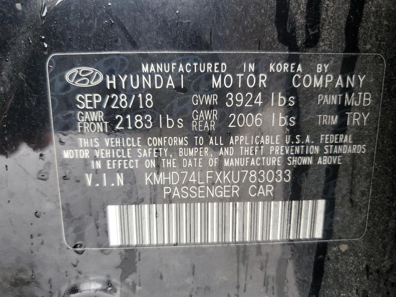 2019 Hyundai Elantra Se VIN: KMHD74LFXKU783033 Lot: 70193185