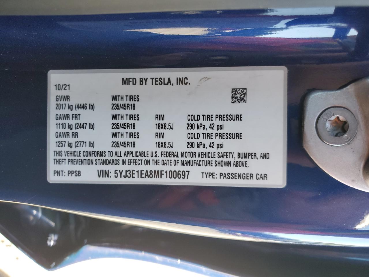 2021 Tesla Model 3 VIN: 5YJ3E1EA8MF100697 Lot: 70006115